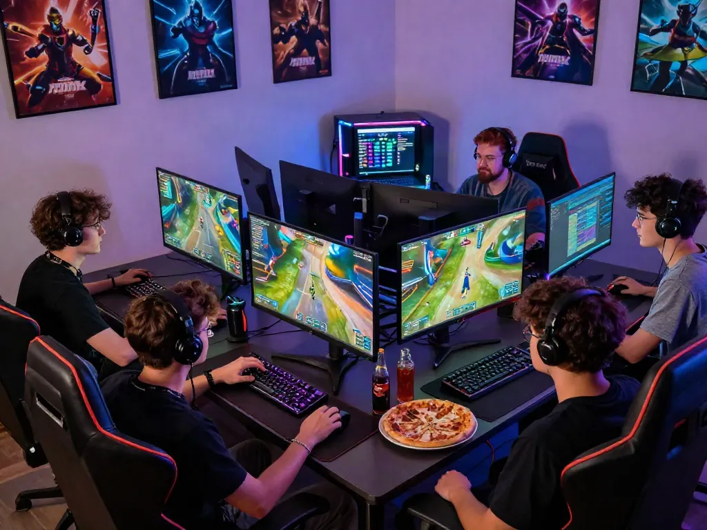 Group of friends enjoying istana404 gaming night with monitors, snacks, and vibrant atmosphere.