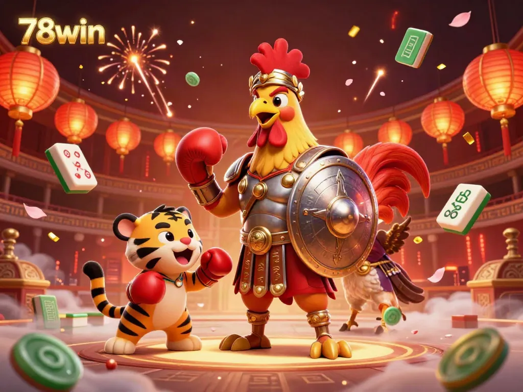 Experience the thrill of 78win with a dynamic scene featuring a gladiator rooster and exciting casino elements.