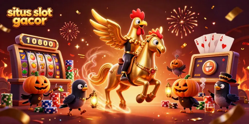 Experience situs slot gacor excitement at a magical casino with a golden rooster leading the adventure.