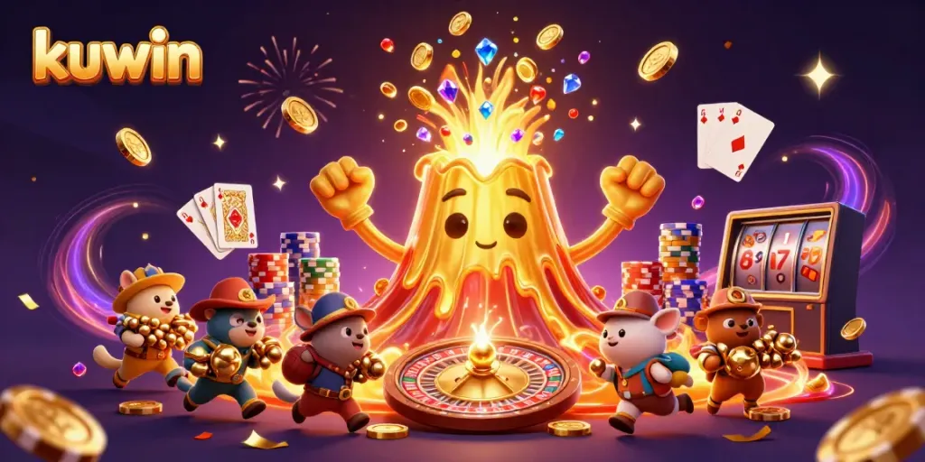 Kuwin treasures erupting from a golden volcano with explorer animals, showcasing dynamic casino elements.