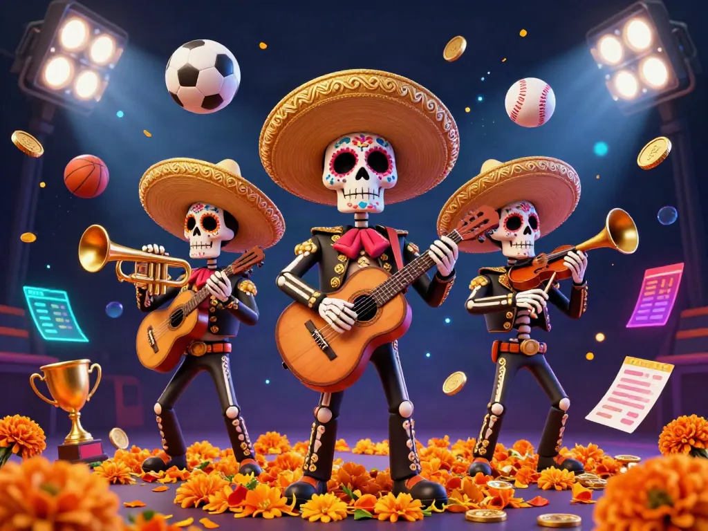 XN88-inspired dynamic casino scene with mariachi skeletons playing instruments, sports elements, and vibrant colors.
