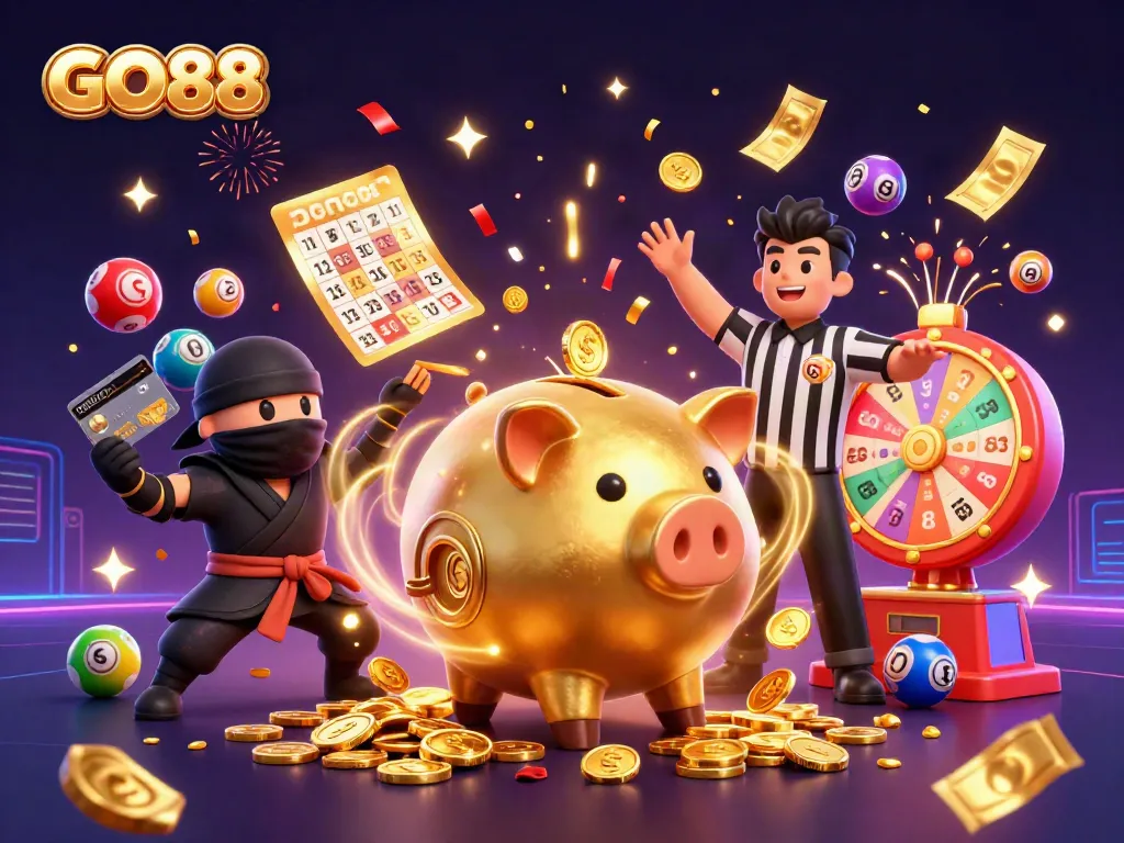 Engage with GO88's vibrant casino scene featuring a dynamic sumo wrestler and magic elements.