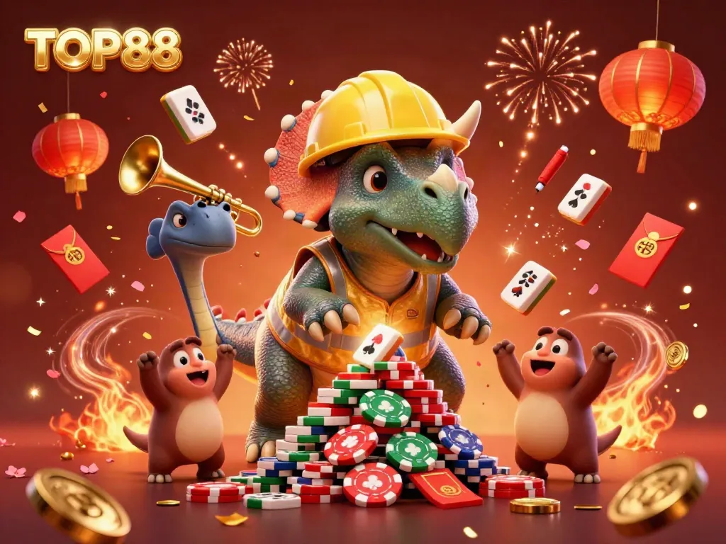 TOP88 celebration with a triceratops and a parasaurolophus in a vibrant casino scene full of game elements.