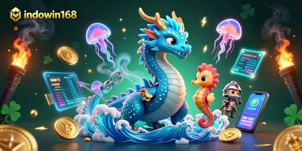 Engage with indowin168's vibrant gaming world featuring a dragon, seahorse knight, and crypto elements.