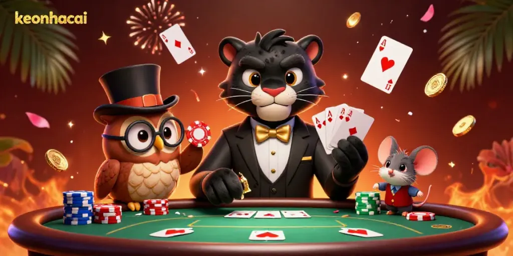 Engage with keonhacai while enjoying an exciting scene featuring a stylish black panther dealer, an owl with poker chips, and a lucky mouse at a lavish poker table.