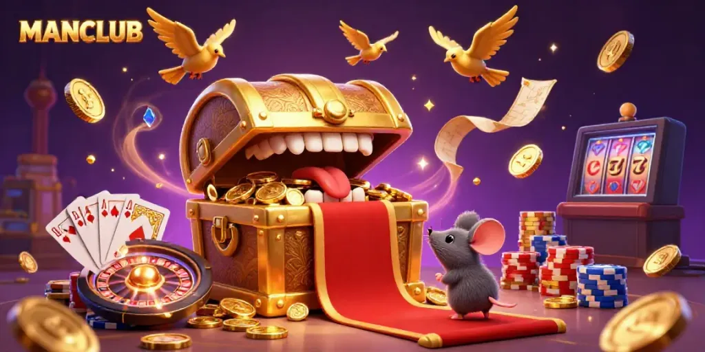 Spin the reels of MANCLUB's jackpot treasures amidst cascading coins and gems in an exciting casino atmosphere.
