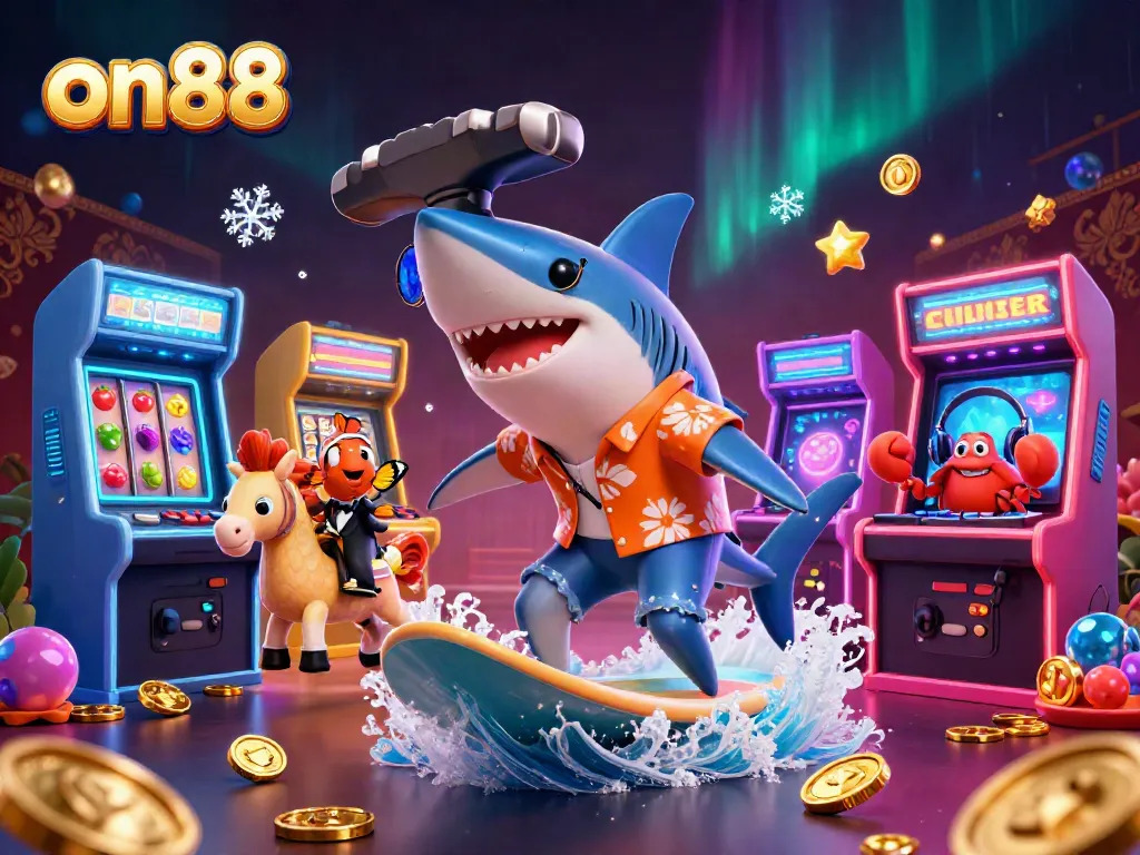 Catch vibrant on88 scene as a shark surfs coins, showcasing live casino excitement with 3D characters.