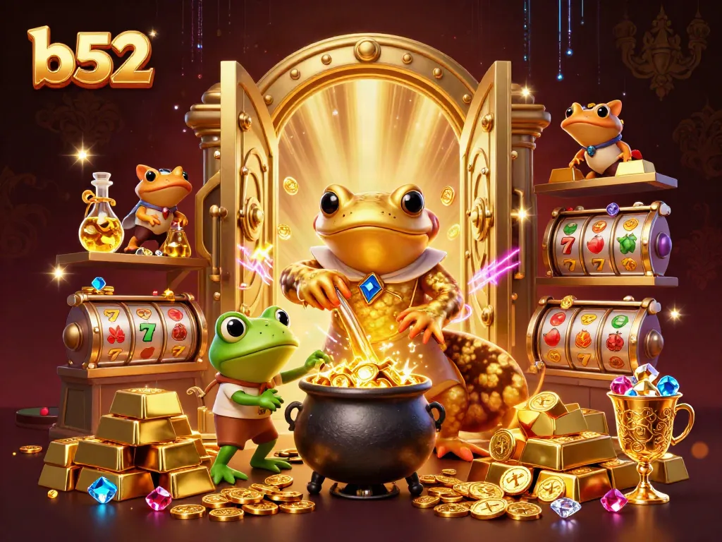 Engage with the b52 magic of a golden alchemist creating coin treasures amid vibrant casino elements.