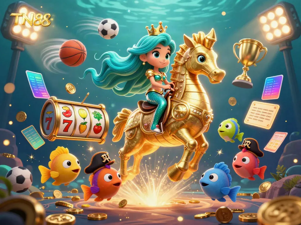 Experience TN88 excitement with mermaid princess and seahorse in vibrant casino underwater scene.