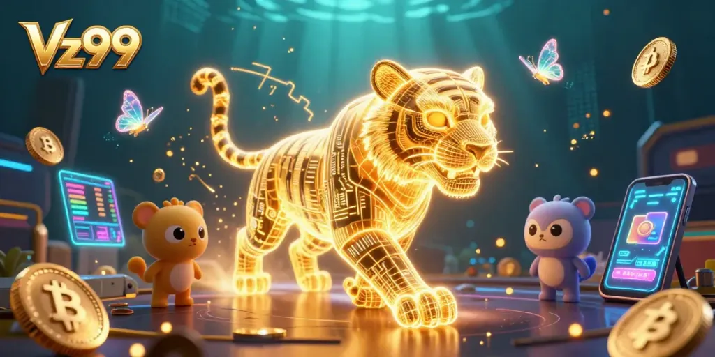 Engage with Vz99 in a vibrant and animated digital casino landscape showcasing neon elements.