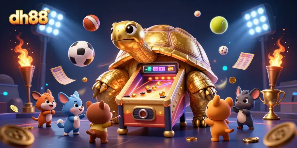 Join the excitement at dh88 with thrilling casino games and dynamic betting action, featuring a golden tortoise and sports balls.