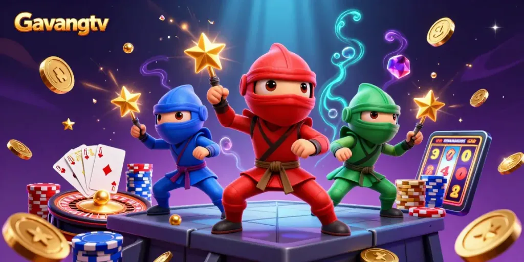 Experience exciting gambling action with Gavangtv's vibrant casino-themed illustration featuring dynamic elements.
