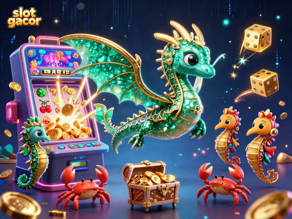 Experience the excitement of slot gacor with vibrant 3D illustrations featuring dragons, jackpots, and colorful casino symbols.