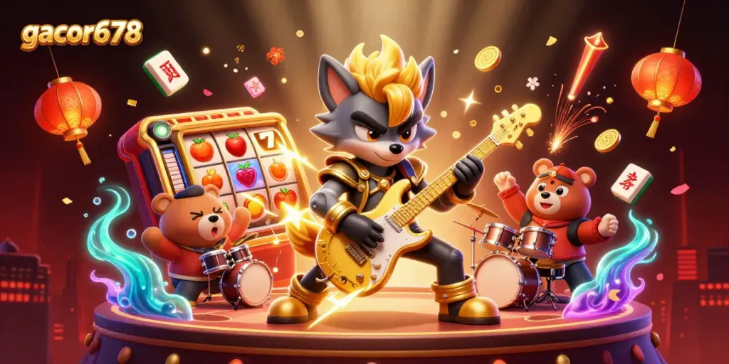 Experience the excitement of gacor678 with vibrant slot machines and 3D characters in a colorful casino scene.
