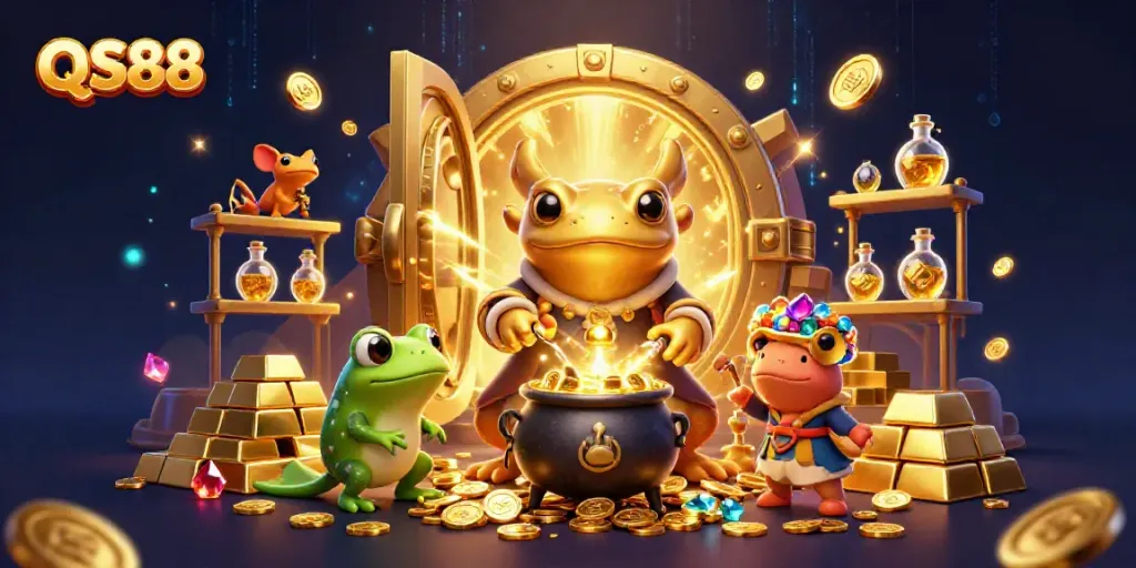 Q88 alchemist transforming metals into gold in vibrant casino-themed 3D illustration.
