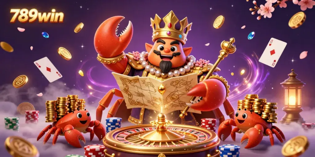 Engage with the vibrant world of 789win featuring a cartoon golden crab emperor surrounded by treasure in a lively casino scene.