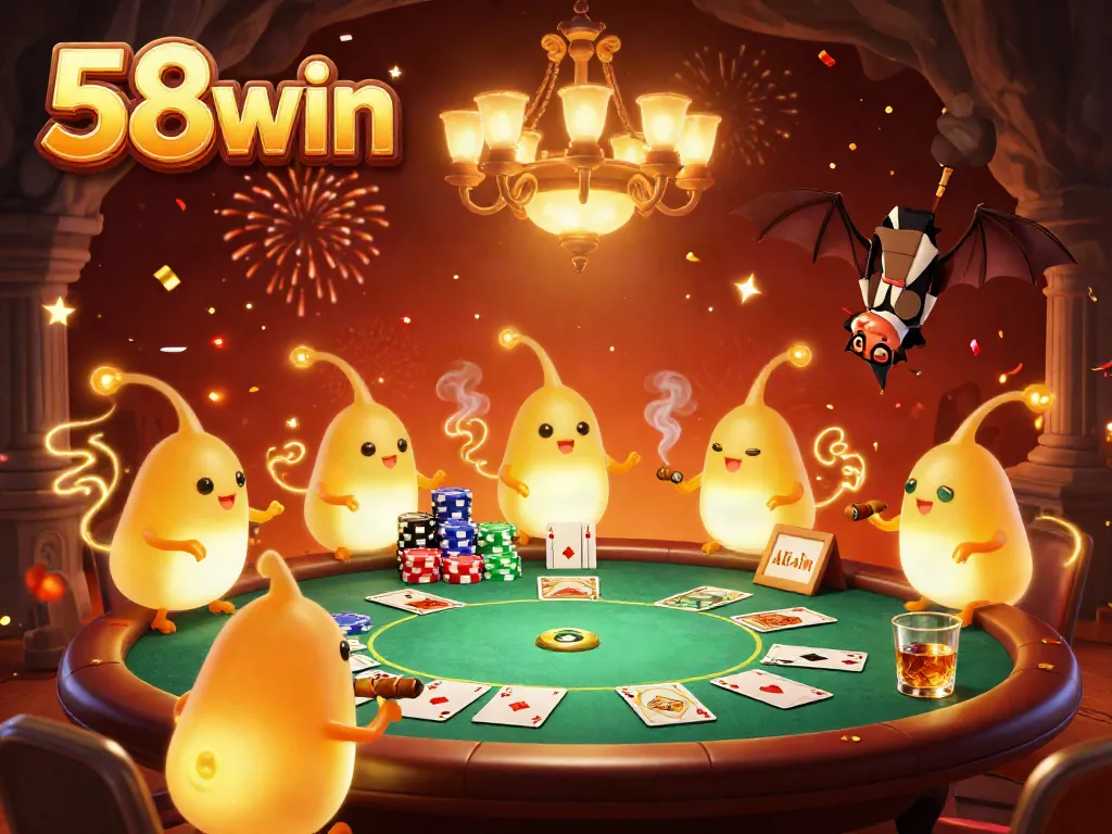 Experience thrilling gameplay with 58win in a vibrant casino scene featuring glowworms and poker elements.