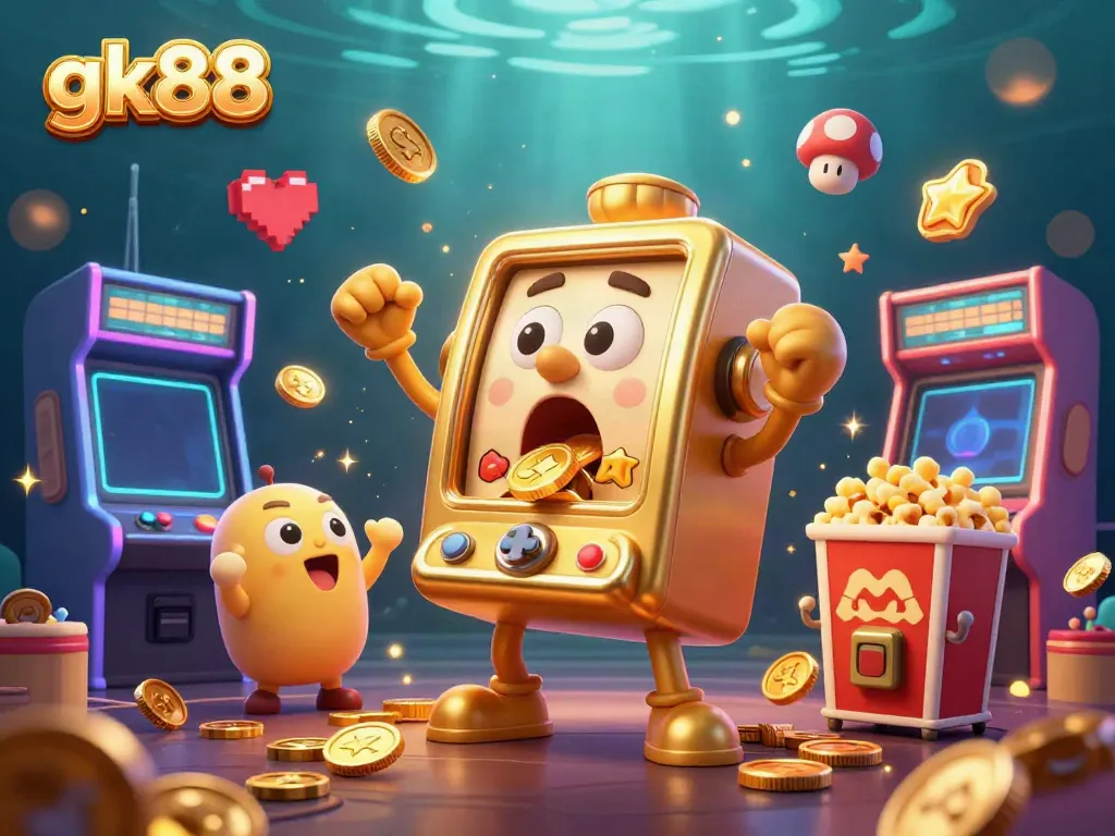gk88 jackpot scene with a golden slot machine surprising everyone with coins, embodying casino excitement.