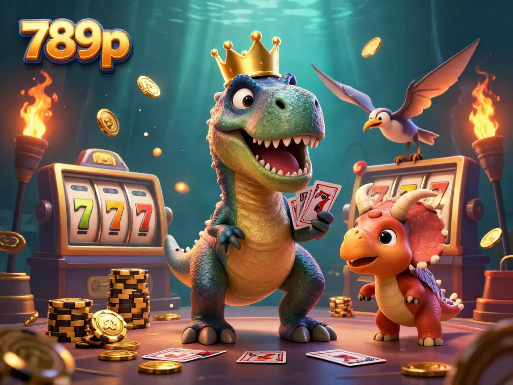 Experience thrilling gameplay at 789p with a T-Rex shuffling cards and dinosaurs stacking winning chips.