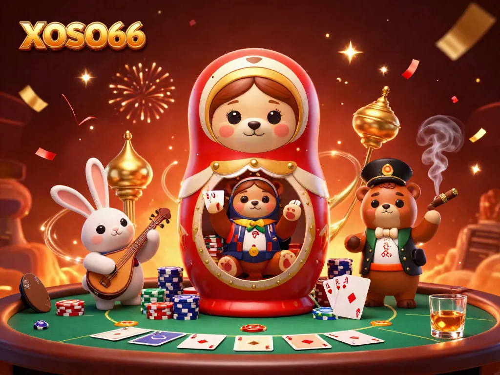 Experience the vibrant casino scene with XOSO66's 3D cartoon bears and dynamic gaming elements.