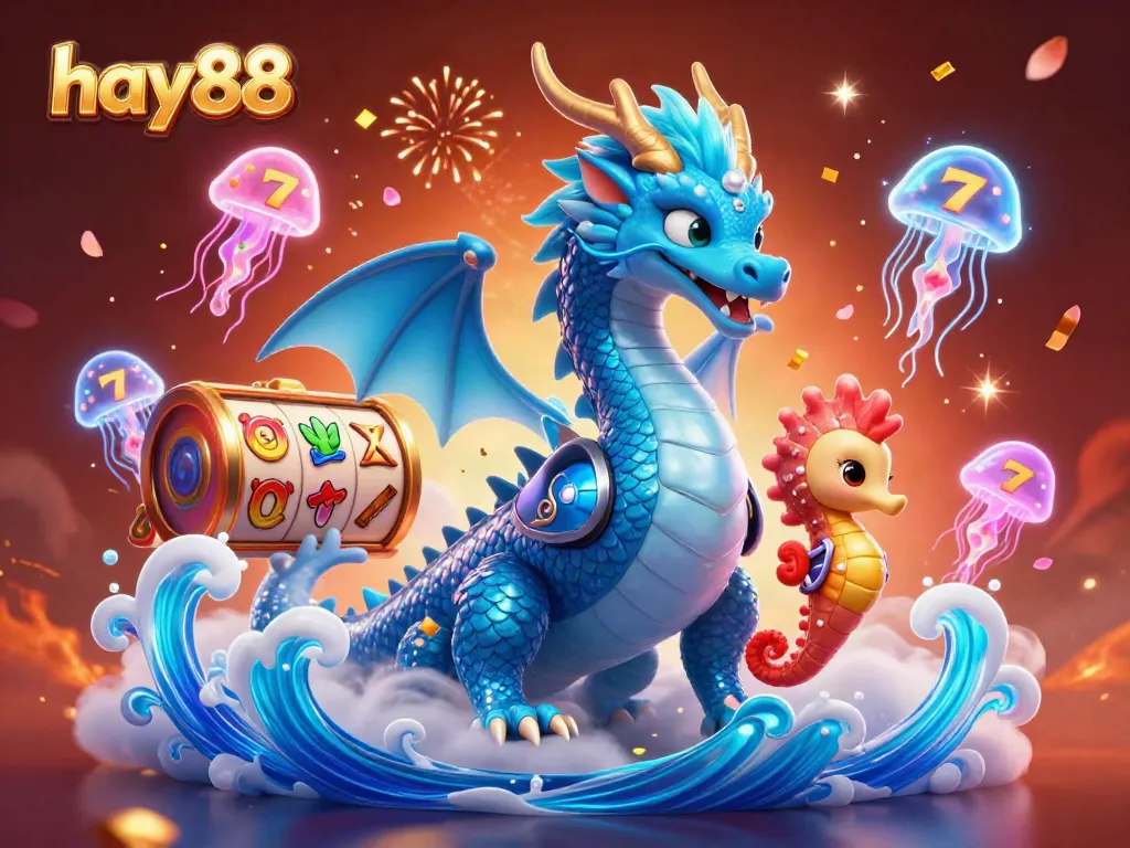 Experience thrilling gameplay at hay88 with an enchanting illustration featuring a water dragon, seahorse knight, and vibrant slot reels.