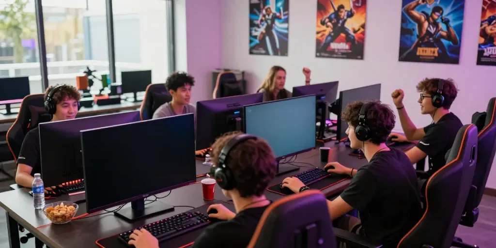 Kilat404 gaming experience with friends in a vibrant lounge, showcasing intense gameplay and social interaction.