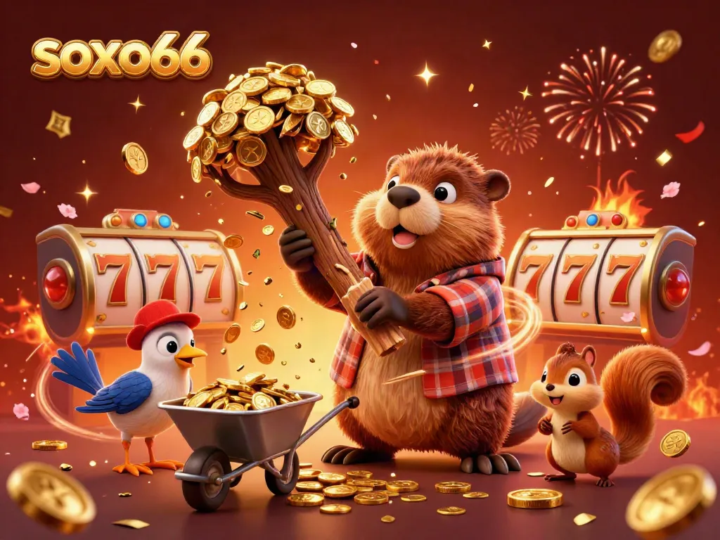 Soxo66 ignites excitement in a vibrant 3D scene with a beaver, bird, and squirrel celebrating coins raining down.
