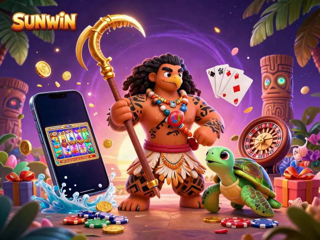 Experience SONWIN's exhilarating casino adventure: a 3D scene showcasing gaming elements and vibrant characters.