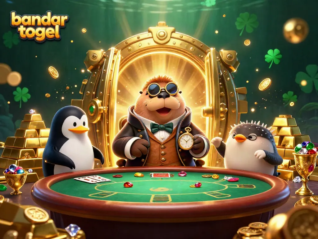 Permainan bandar togel bertema laut dengan walrus, penguin, dan pufferfish dalam suasana kasino yang mewah.
