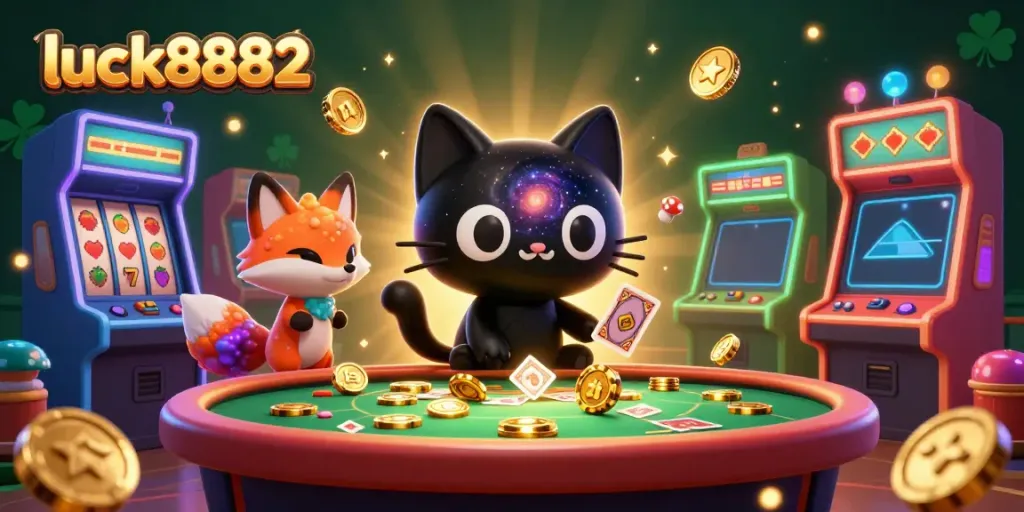 Experience the excitement at luck8882's cosmic casino with a cartoon black hole cat attracting chips and cards.