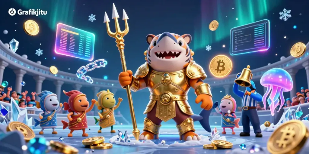 Watch the Grafikjitu tiger shark dominate the underwater colosseum with dazzling cryptocurrency everywhere.