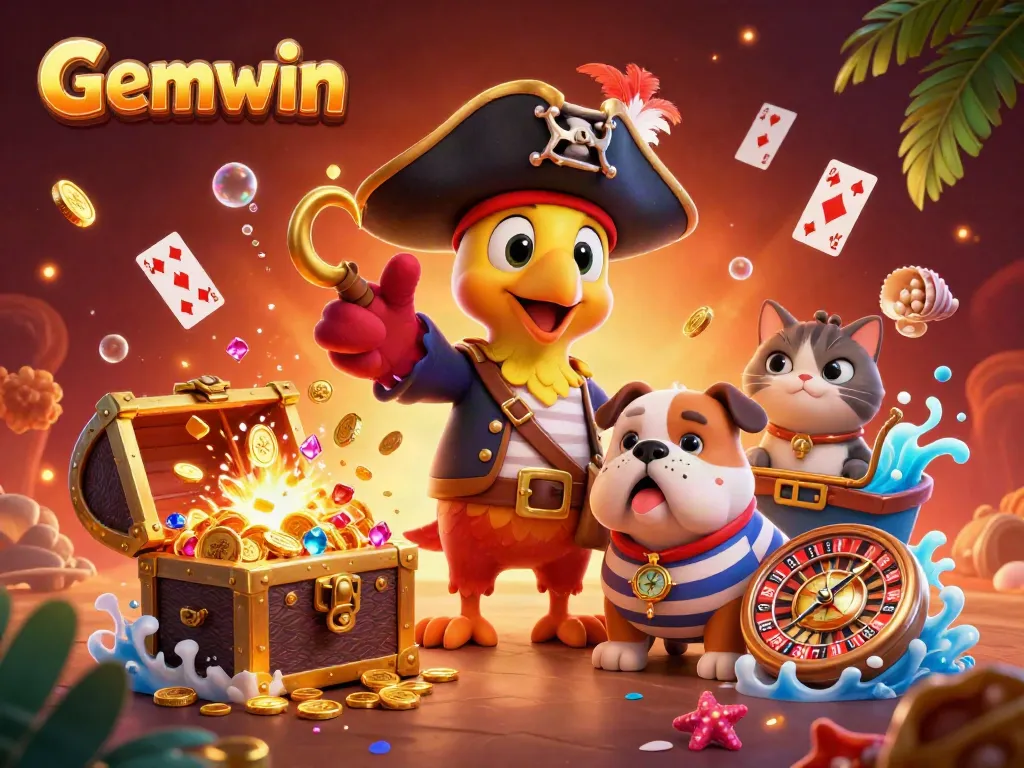 Experience thrilling gameplay at Gemwin with this vibrant cartoon scene featuring exciting games and treasure