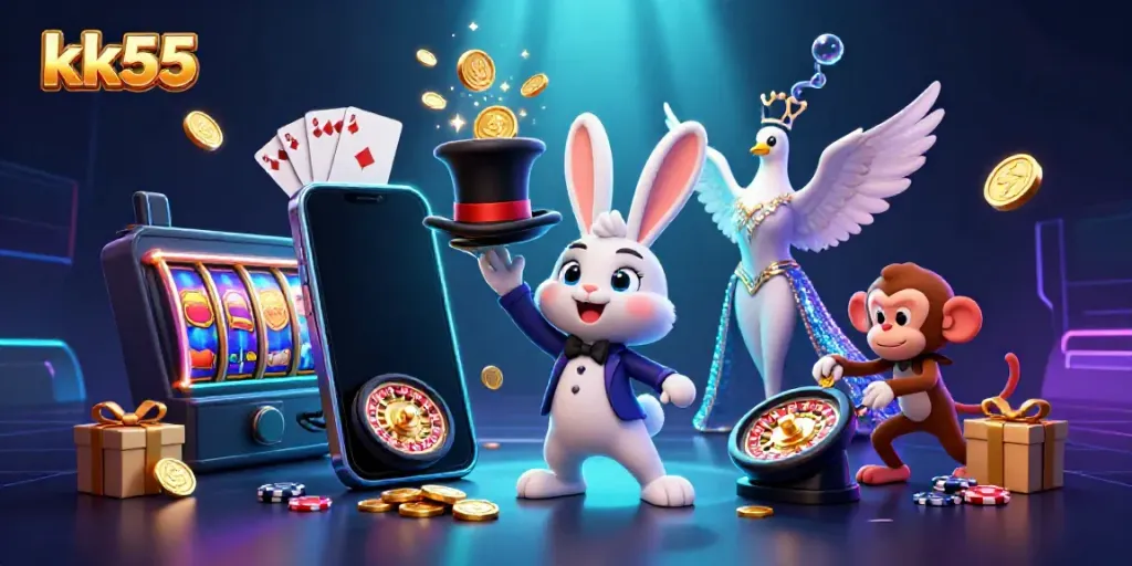Engage with exciting games at kk55 where a magician rabbit delivers golden coins among casino excitement.