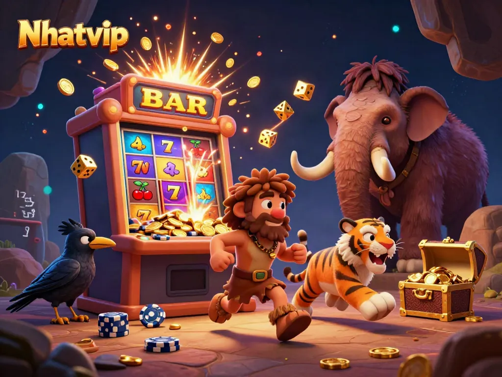 Nhatvip showcases lively casino action with a caveman and sabertooth tiger managing games and jackpots.