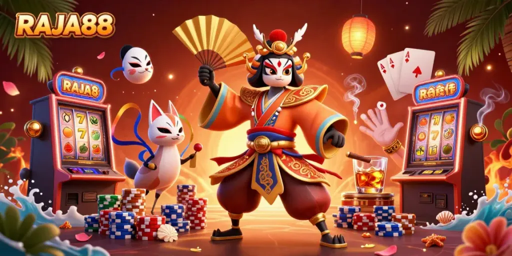Experience the excitement of RAJA88 with a vibrant casino scene featuring kabuki warriors and slot machines spinning.