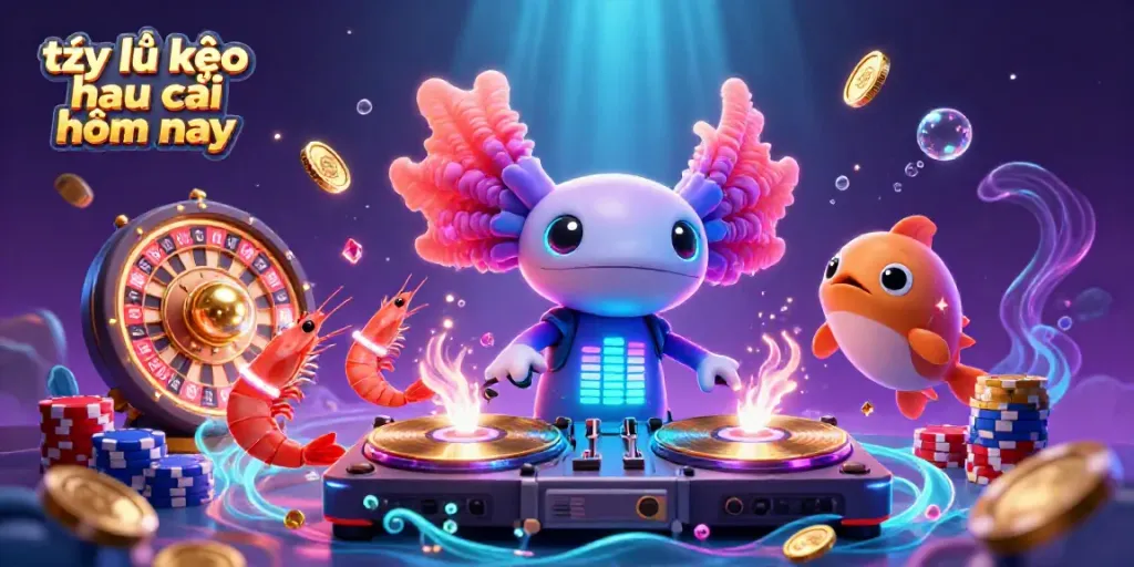 Experience vibrant action in this illustration of tỷ lệ kèo nhà cái hôm nay, featuring a colorful axolotl DJ with dynamic casino elements.