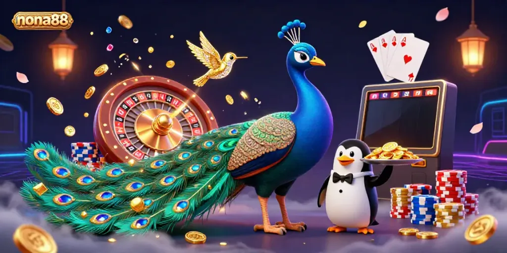 Engage with the vibrant scene featuring nona88, where a majestic peacock showcases its gemstone feathers amidst casino excitement.