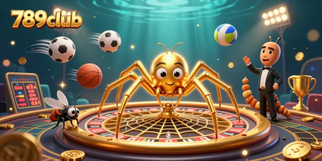 Engage with the vibrant 789club casino scene featuring a golden spider dealer and lively game elements.