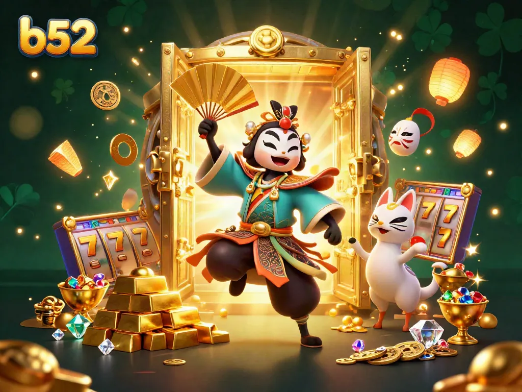 Engage in thrilling gaming moments at b52 as vibrant characters gather around jackpots and treasures.
