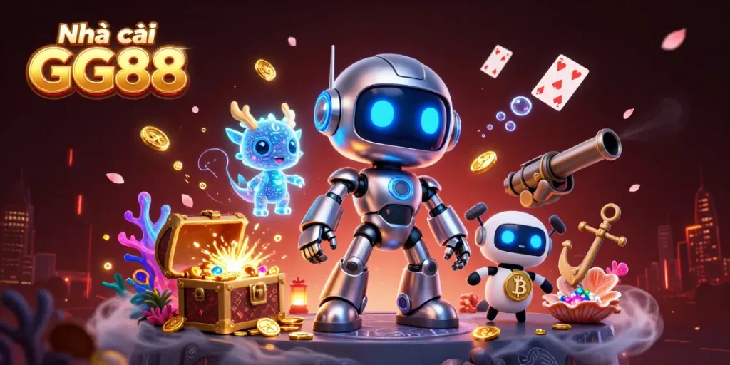 Experience the excitement of Nhà cái GG88 with a dynamic casino scene featuring cartoon cyberpunk robot and vibrant elements.