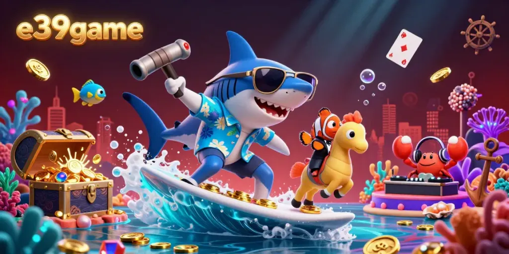 Join the adventure with e39game, a vibrant underwater casino scene featuring a shark surfing on gold coins.