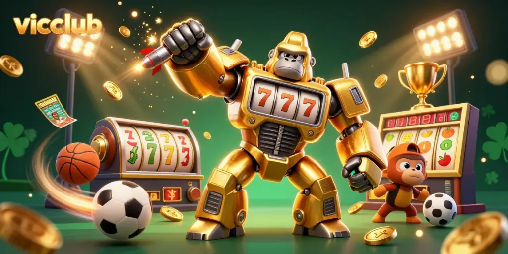 Engage in thrilling spins at vicclub capturing vibrant casino excitement and a playful golden gorilla mech.