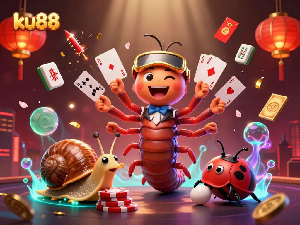 Engage with ku88's thrilling casino gameplay in a vibrant 3D cartoon scene filled with excitement.