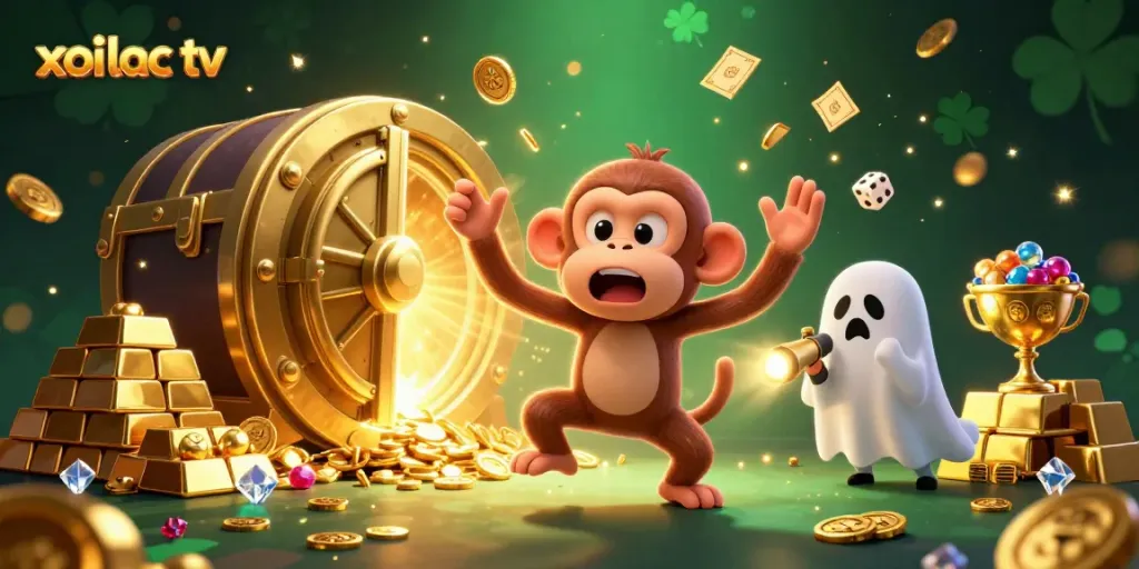 Winning at xoi lac tv with an exciting haunted casino scene full of treasures and spooky characters