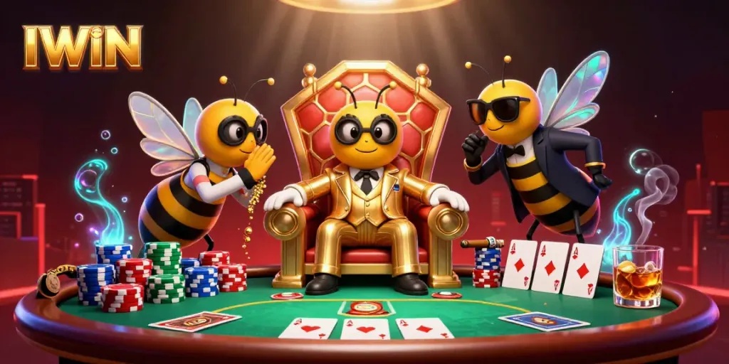 IWIN players engage in a lively poker scene with vibrant characters and game elements.