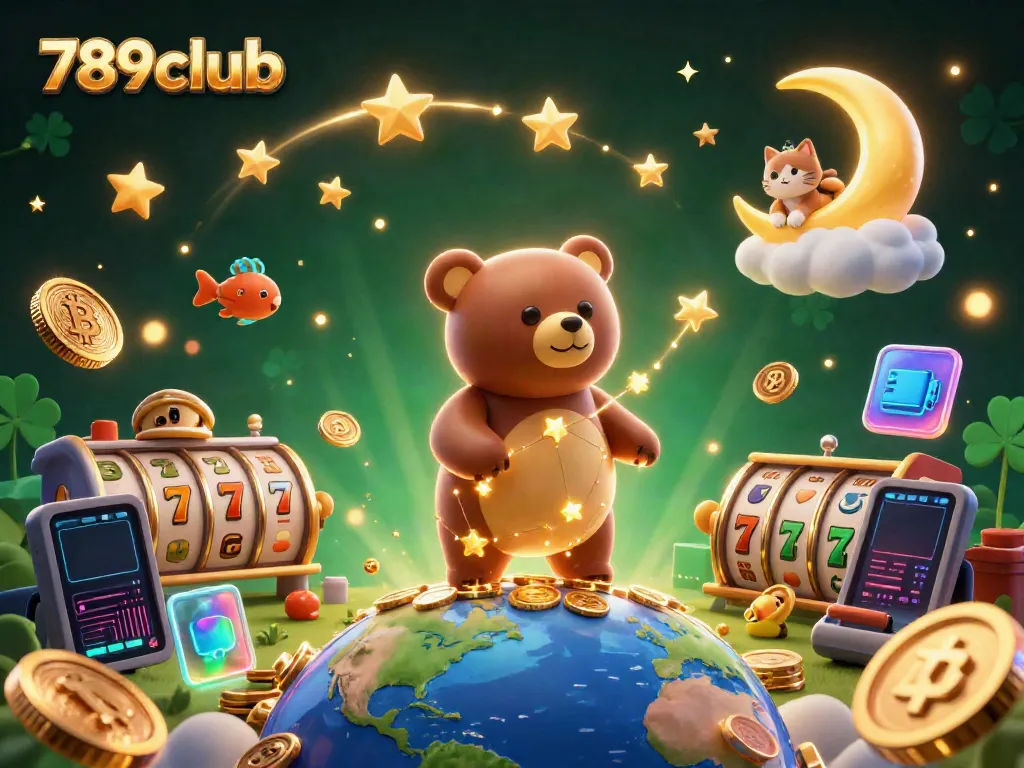 Engage with thrilling games at 789club while discovering a constellation bear scooping coins amidst a vibrant casino atmosphere.