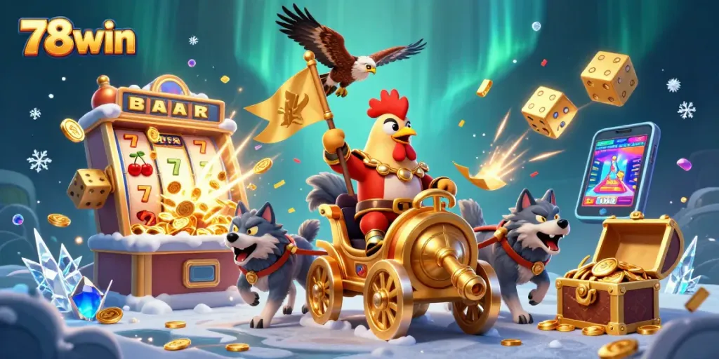 Join the excitement of 78win with victorious casino adventures led by a warrior rooster and game symbols.