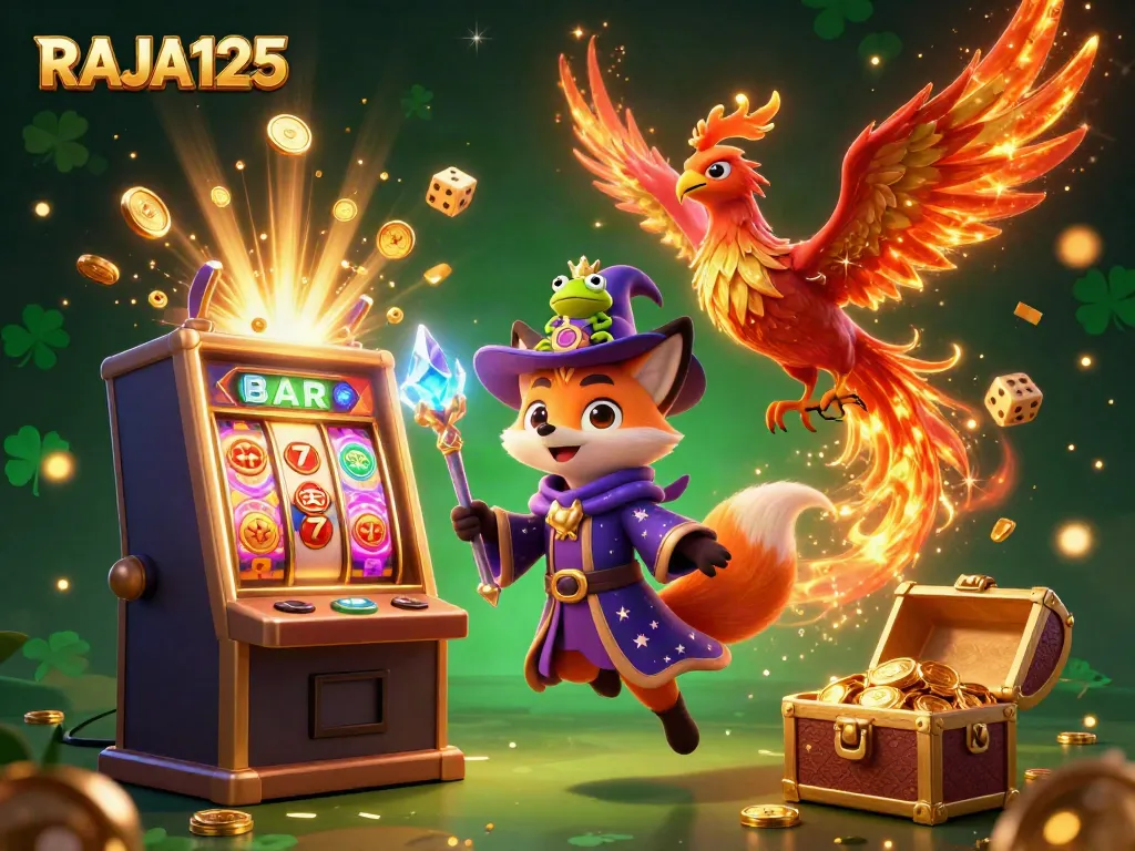 Engage in the vibrant world of RAJA125 with mystical wizard and fiery phoenix among slot machine treasures.