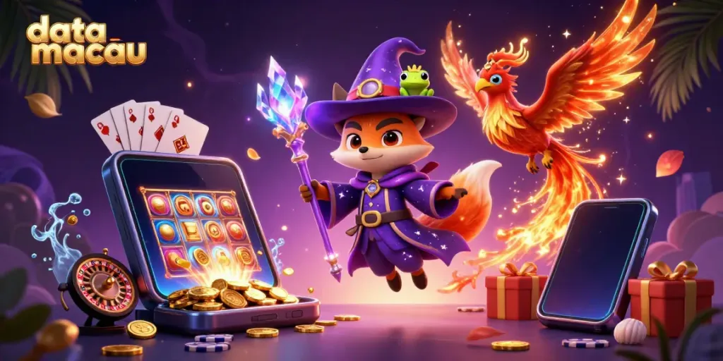 Visualisasi data macau menunjukkan hasil Toto Macau dengan karakter fantasi meriah dan elemen permainan kasino.