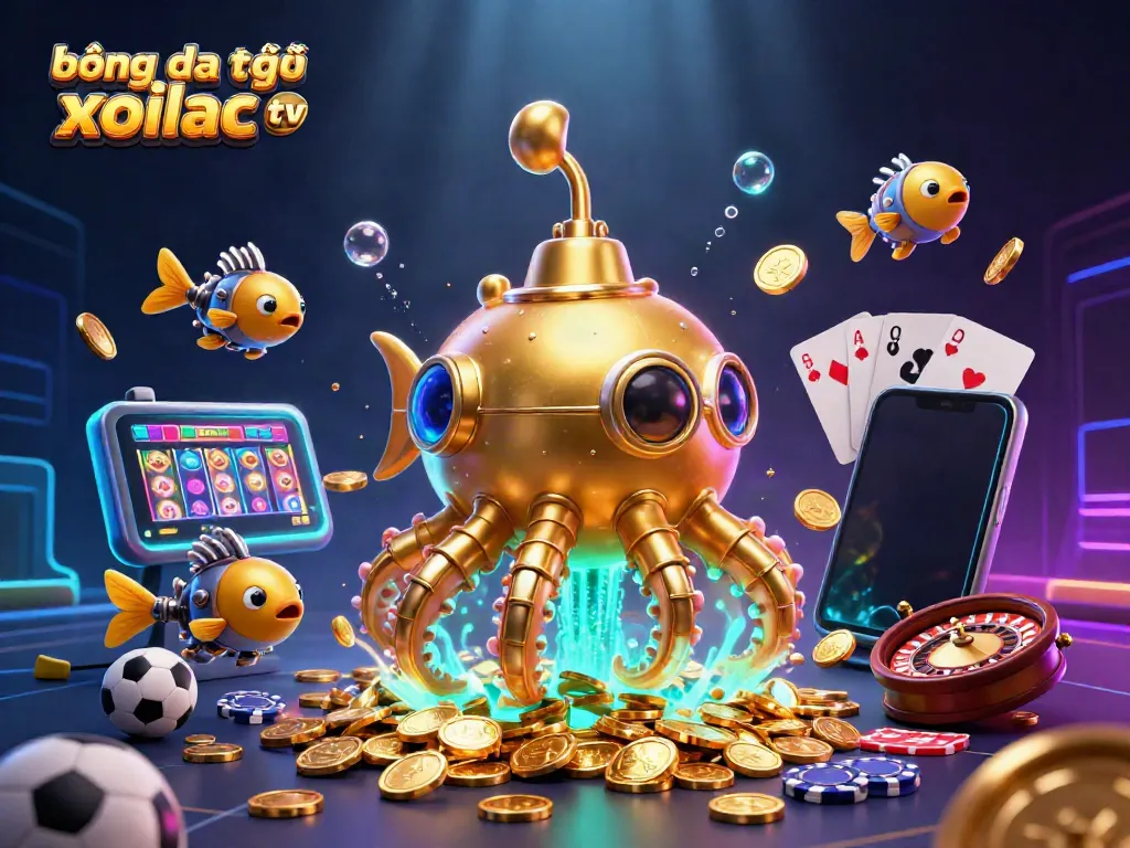 Engage with bóng đá trực tuyến xoilac tv in a vibrant 3D scene featuring a golden submarine and gambling elements.